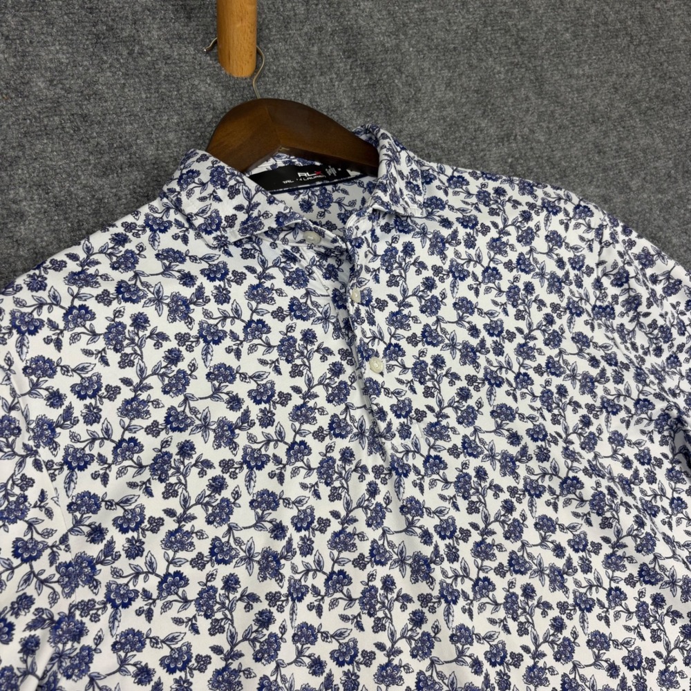 RLX Ralph Lauren Mens Floral Golf Polo Shirt Blue White Recycled Stretch M